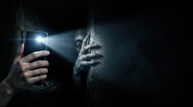 Horror banner with smartphone flashlight revealing a terrifying creature in a dark abandoned room with ample copy space.
