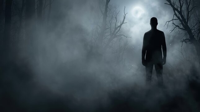 Ominous silhouette in foggy forest under moonlight with negative copy space