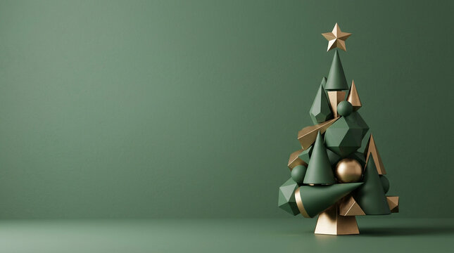 Modern Minimalist Christmas Tree Sculpture in Green and Gold with Copy Space