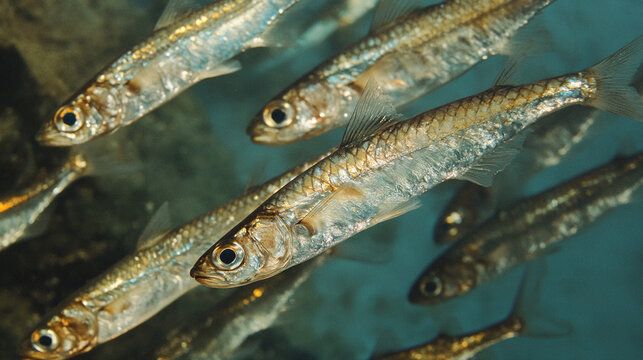 School of Small Silver Fish Swimming Underwater in Blue Green Ocean
