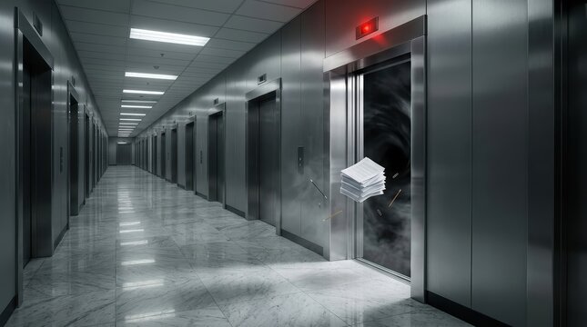 Surreal Corporate Elevator Lobby Banner, Infinite Overtime Concept with Floating Paper and Dark Void