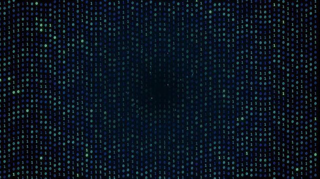 Cybersecurity binary code background with green digital data numbers. Matrix style falling digits on black screen. Abstract technology pattern for network security and software coding.