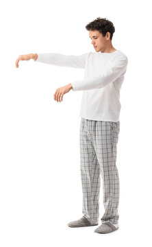 Young male sleepwalker isolated on white background