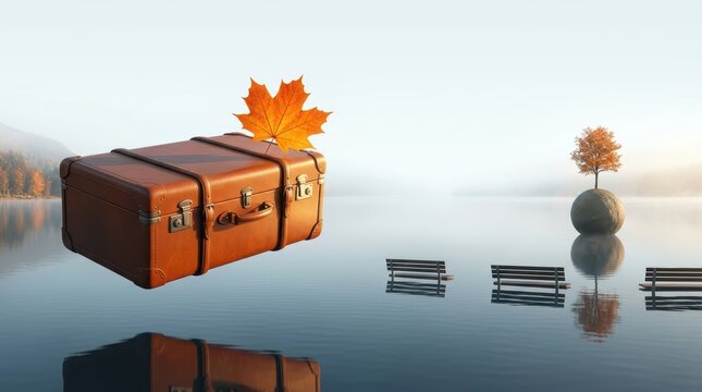 Surreal Autumn Travel Banner Featuring Floating Vintage Suitcase and Maple Leaf over a Minimalist Lake