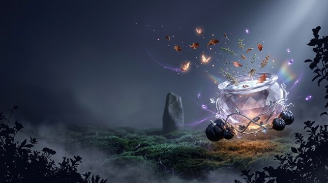 Modern Mystic Halloween banner with levitating quartz cauldron, glowing autumn herbs, and obsidian pumpkins in a dark ethereal forest with large copy space.