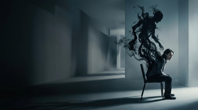 Surreal banner with a dark shadow entity rising from a person in a minimalist corridor, featuring large copy space.