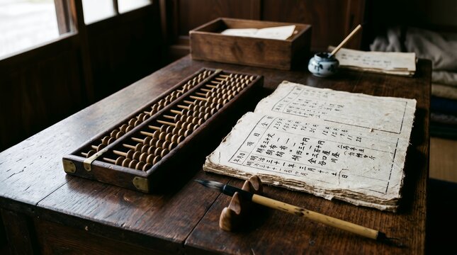 Authentic Japanese Abacus and Old Ledger from the Taisho Era on a Wooden Desk