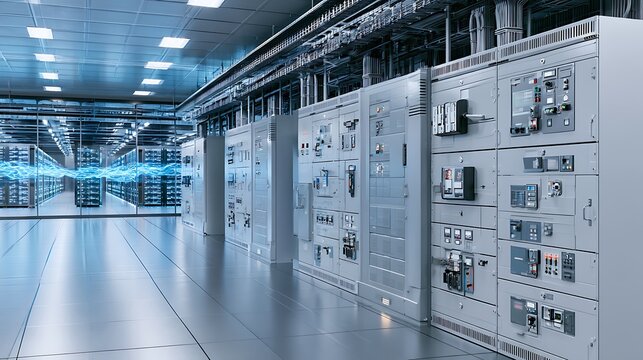 Photorealistic interior of a modern data center electrical distribution room, precise rows of switchgear and power management cabinets,