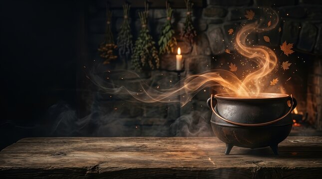 Enchanted Halloween Cauldron Banner with Glowing Steam and Autumn Leaves on Rustic Kitchen Table with Copyspace