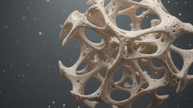 A detailed microscopic view of a porous, bone-like biological structure with intricate interconnected network.