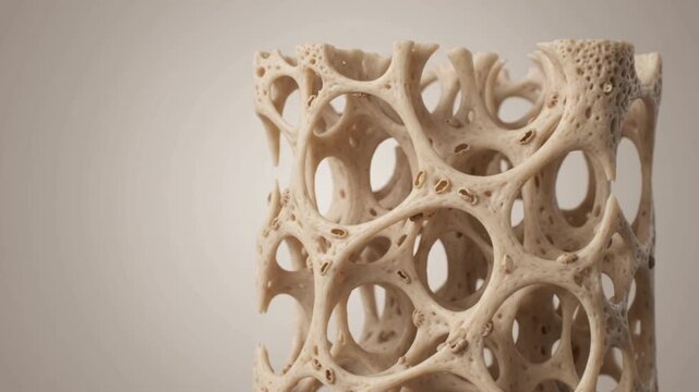 Close-up view of a porous, bone-like structure with interconnected cavities, illustrating biological or material science concepts.