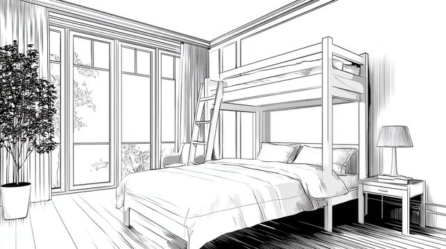 Modern minimalist bedroom design with lofted bed and window view