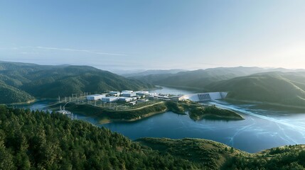 Obraz premium Photorealistic panoramic view of an AI data center on elevated land downstream from a hydroelectric dam