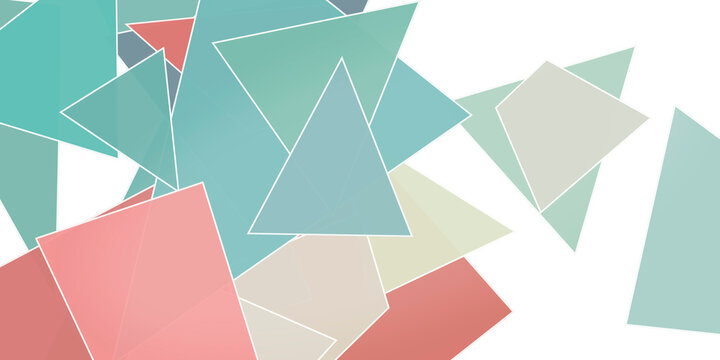 A lively collage of overlapping triangles and angular shapes in teal, coral, and cream creates a modern, energetic backdrop for branding or presentations.