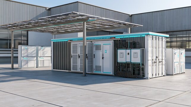 Photorealistic modular edge AI data center in a compact industrial compound, two server containers beside battery storage and a solar canopy,