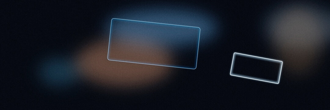 Two glowing neon outline rectangles float against a deep moody gradient, suggesting screens within a system and adding cinematic drama to tech marketing.