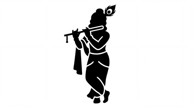 Black silhouette of Lord Krishna playing the flute isolated on white background