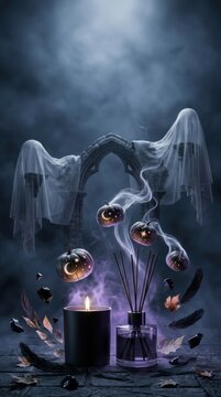 Luxury Gothic Halloween Fragrance Collection with Candle and Diffuser in Surreal Spooky Manor Setting with Vertical Copyspace