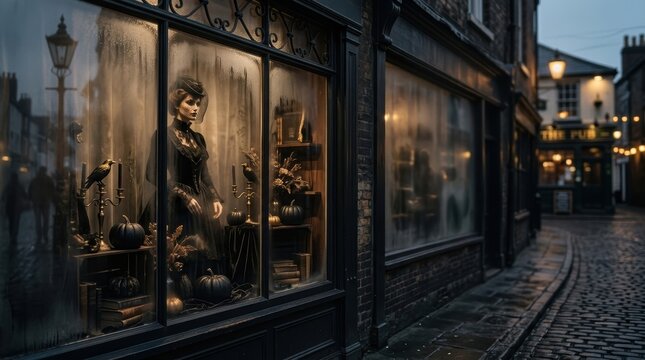 Elegant Gothic Halloween Boutique Window Display with Victorian Mannequin and Black Pumpkins on Misty Cobblestone Street