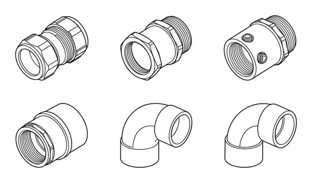 Industrial pipe fitting coupler and elbow joints line art set.