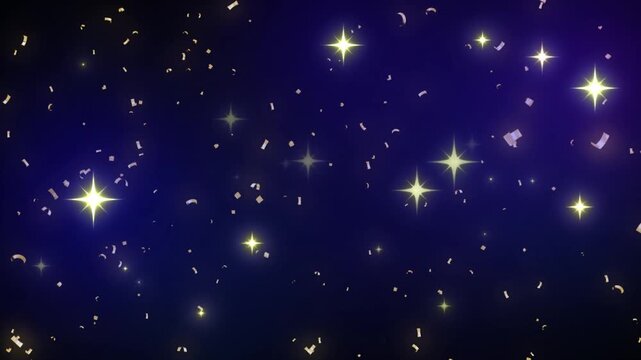 Falling silver confetti with glowing sparkles on a dark blue background