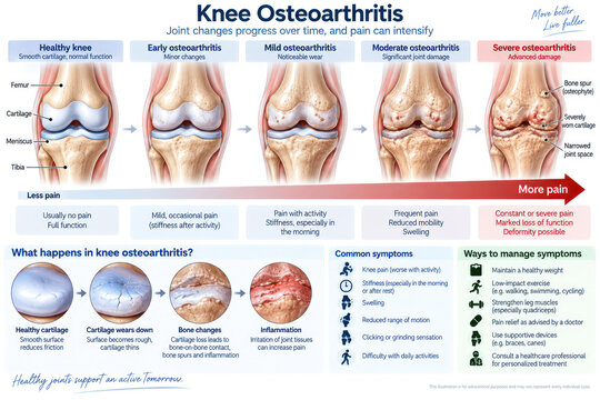 Knee Osteoarthritis Stages Symptoms and Cartilage Damage Medical Infographic