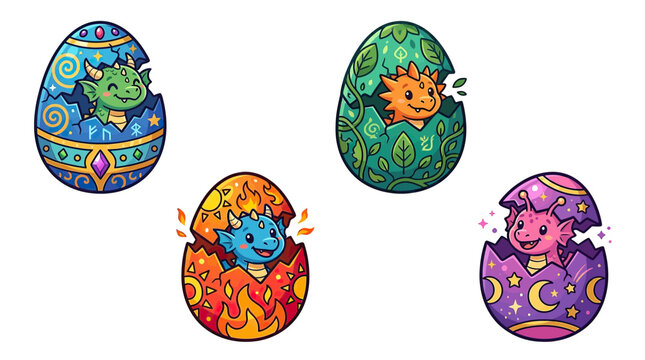 Cute fantasy dragon eggs hatching with baby creatures