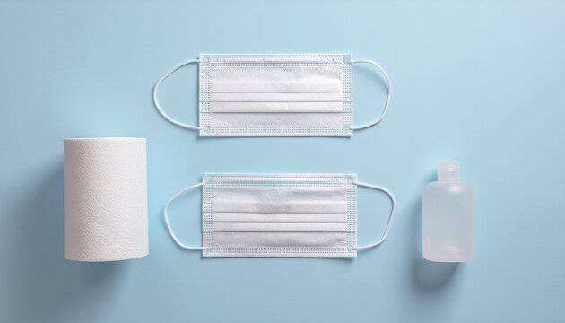 Face Masks, Hand Sanitizer and Paper Towel on Blue Background