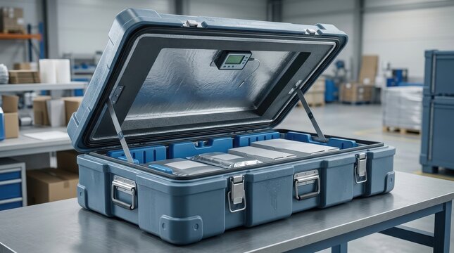 Heavy duty protective storage case rests open on a metal workbench inside a brightly lit manufacturing facility warehouse.