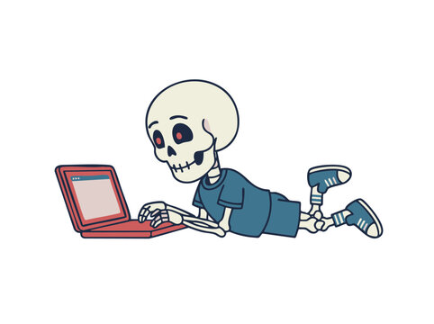 Halloween Cartoon skeleton lying on the floor using a laptop