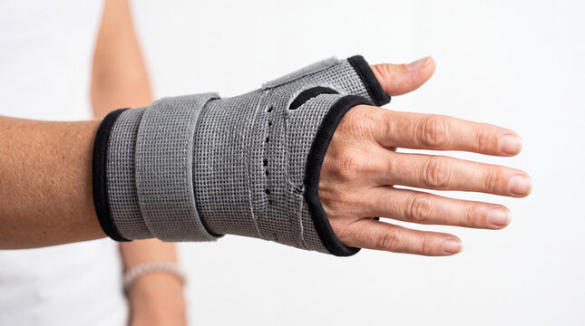 Person wearing gray wrist brace and thumb splint for injury recovery against white background
