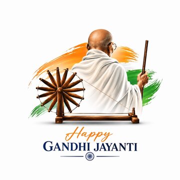 Happy gandhi jayanti celebration banner with charkha spinning wheel and national flag colors indian flag historical leader