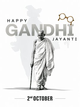 Gandhi jayanti poster design with standing figure holding walking stick map outline and round spectacles icon