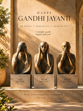 Three wise statues representing see no evil hear no evil speak no evil for gandhi jayanti celebration with bronze sculpture