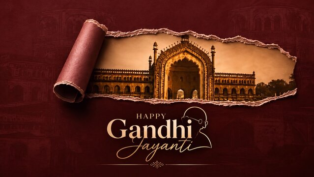 Happy gandhi jayanti concept with torn paper reveal of historic building architecture mahatma gandhi reveal effect
