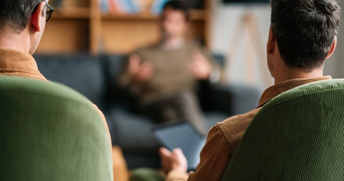 Therapy and counseling session with people in a group discussion for mental health support and psychology advice