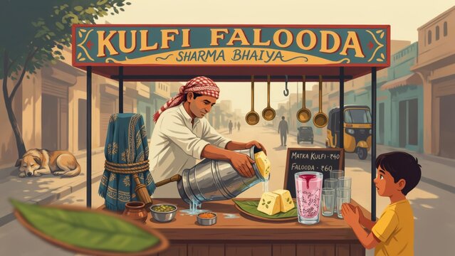 A traditional street food vendor selling delicious kulfi falooda in India