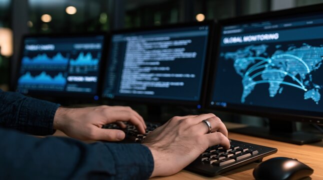 Cybersecurity specialist monitoring global network data and server software code on computer screens in dark office