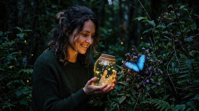 Woman Holding Jar with Fireflies in Enchanted Forest at Night