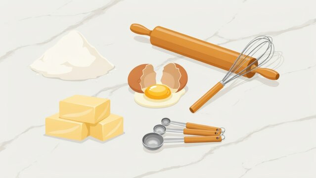 Baking ingredients including flour eggs butter rolling pin and whisk on marble