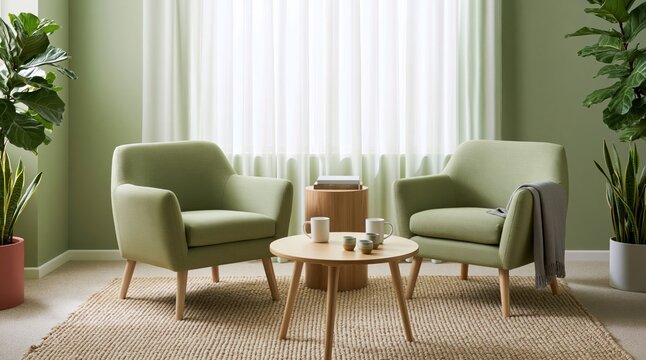 Interior design of a modern living room with cozy sage green armchair furniture and minimalist home decor plants