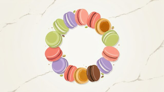 Colorful french macarons arranged in a circle frame on white marble surface