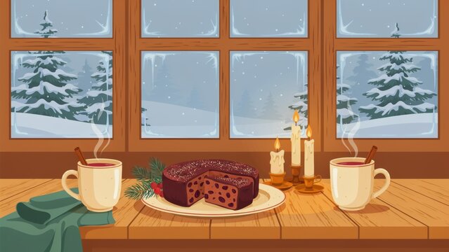 Cozy Winter Window View with Hot Drinks and Cake on Table