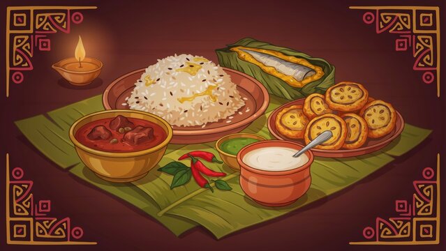 Delicious traditional Indian meal spread with rice and curry on banana leaf vector illustration