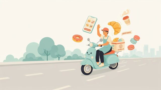Delivery Person Riding Scooter with Fast Food Online Ordering Vector Illustration