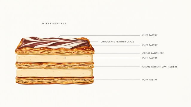 Educational infographic vector illustration of a traditional layered French mille feuille pastry
