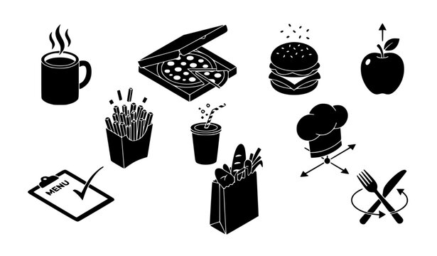 Solid Silhouette Isometric 2.5D Restaurant Food Animation Vector Icon Set
