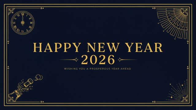 Elegant Happy New Year 2026 Gold Design on Dark Blue Background