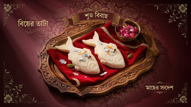 Luxurious Bengali wedding fish sandesh sweet displayed on a traditional ornate tray