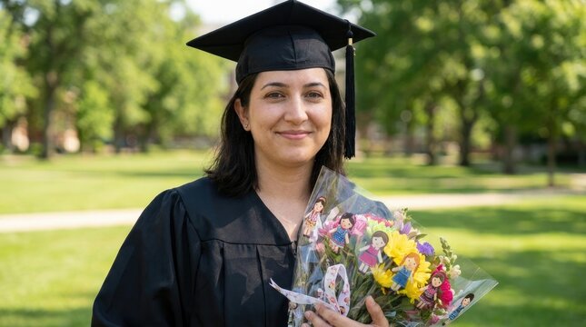 Young woman in graduation cap and gown holding a bouquet of flowers outdoors